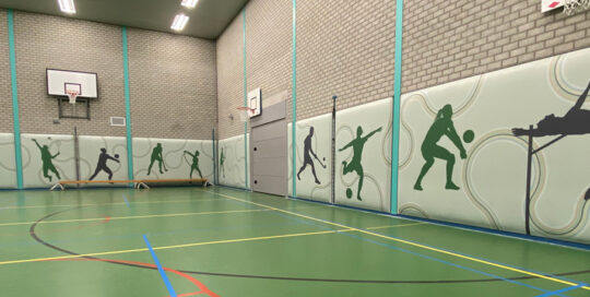 Sportzaal Penta CVO Spijkenisse met akoestische wanden en speelse sportelementen.